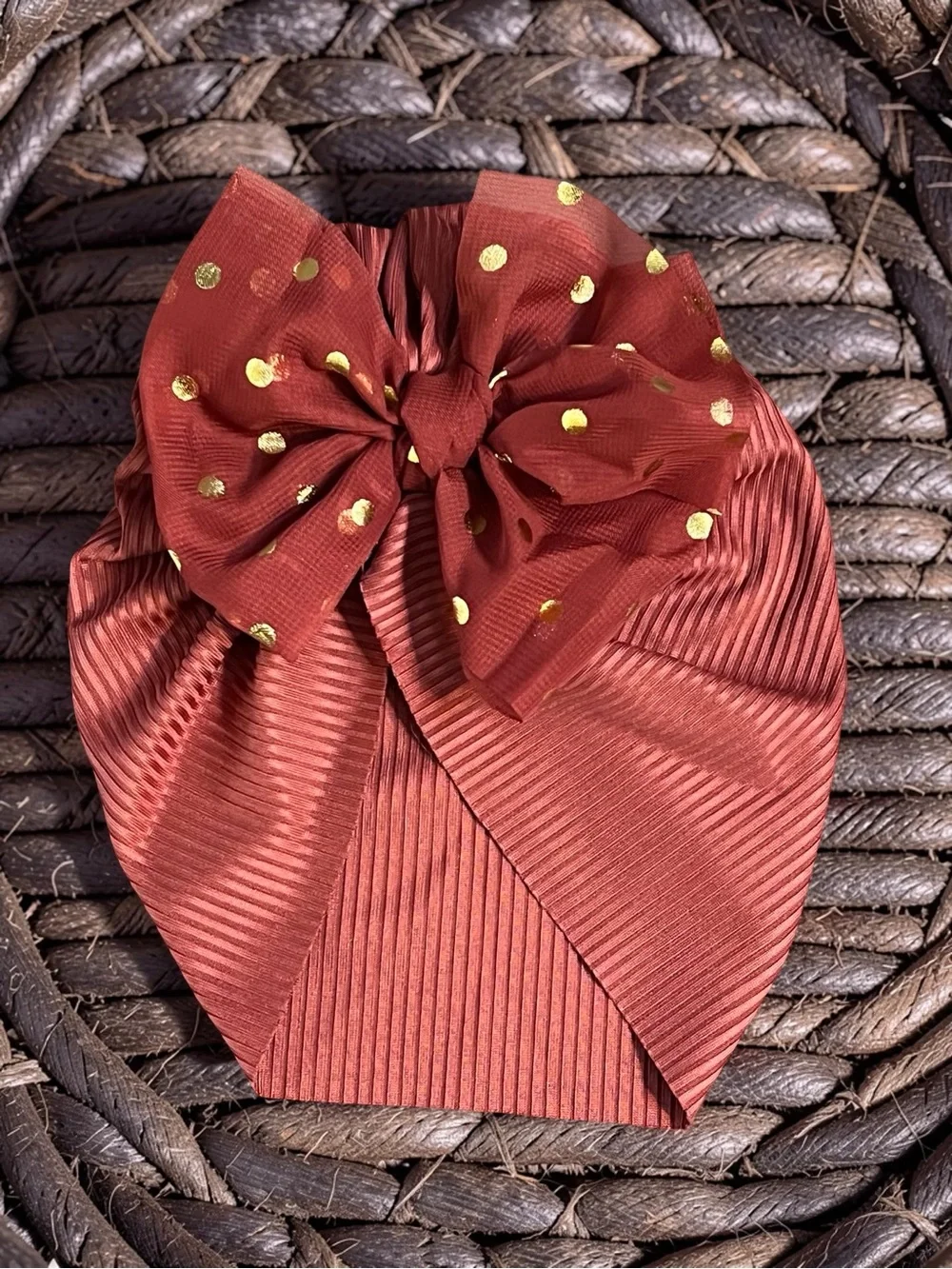 Gorgeous Terracotta/Rust Ribbed Infant Turban with Gold Polka Dot Tulle Bow